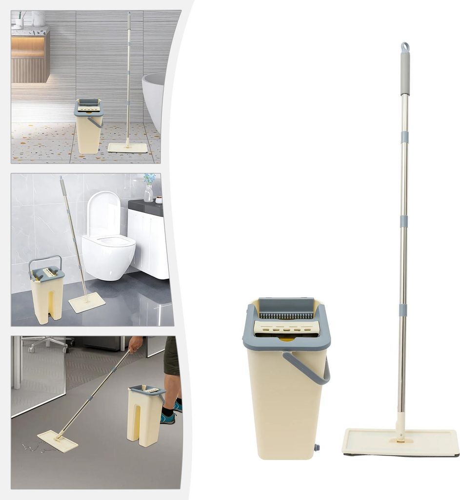 Flachmopp mit Eimer - Mopp- und Eimer-Set - 8 L Volumen - Stiel aus Edelstahl - Fasermopp - 33×12×128 cm - Beige