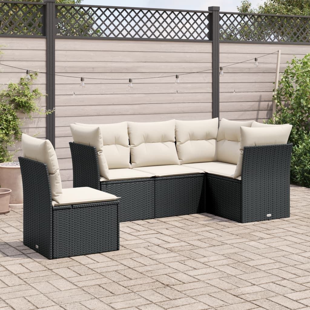 Schlichtes 5-tlg. Garten-Sofagarnitur,Lounge-Gartenmöbel, Gartensofa Set mit Kissen Schwarz Poly Rattan DE2508