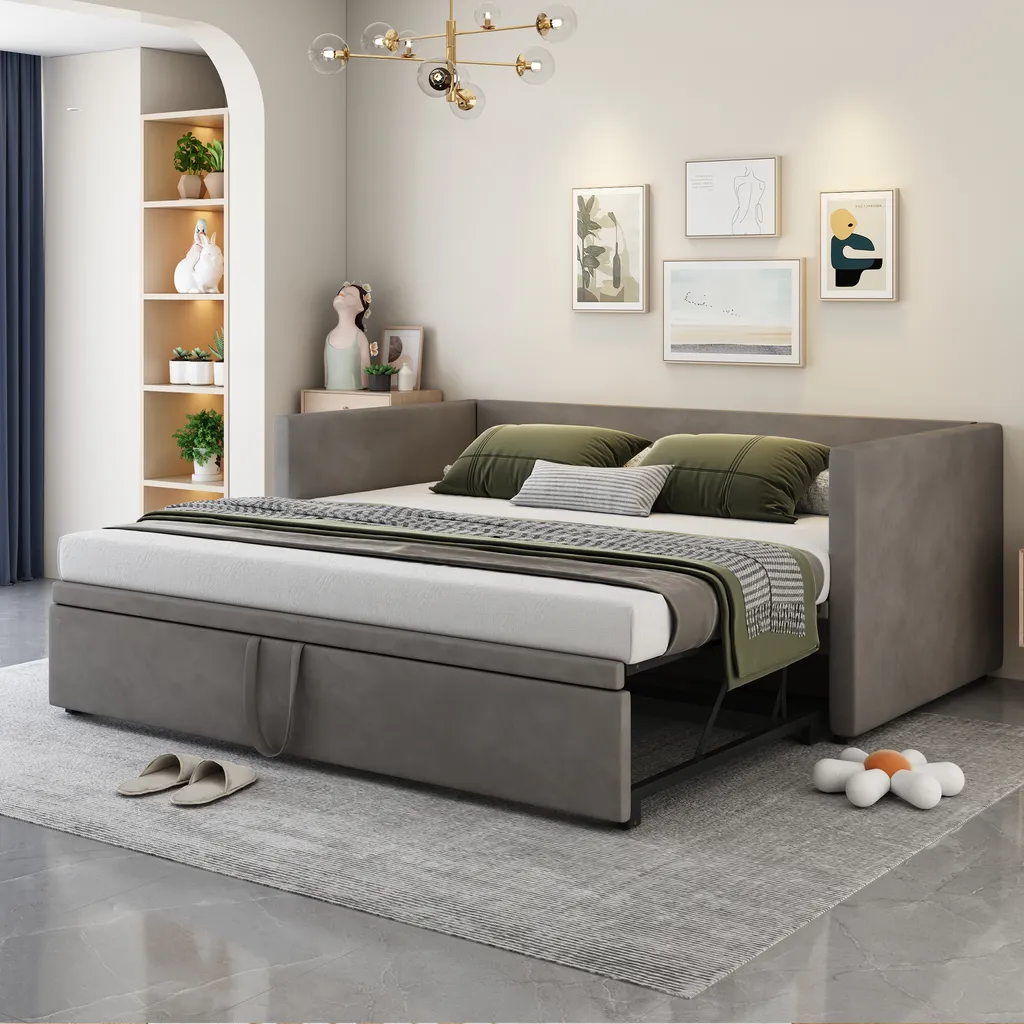 Merax Lit de jour gigogne 90x200cm extensible en velours gris moderne