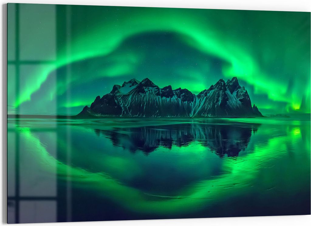 DEQORI Glasbild Echtglas 90x60 cm 'Vestrahorn im Polarlicht' Wandbild Bild modern Deko