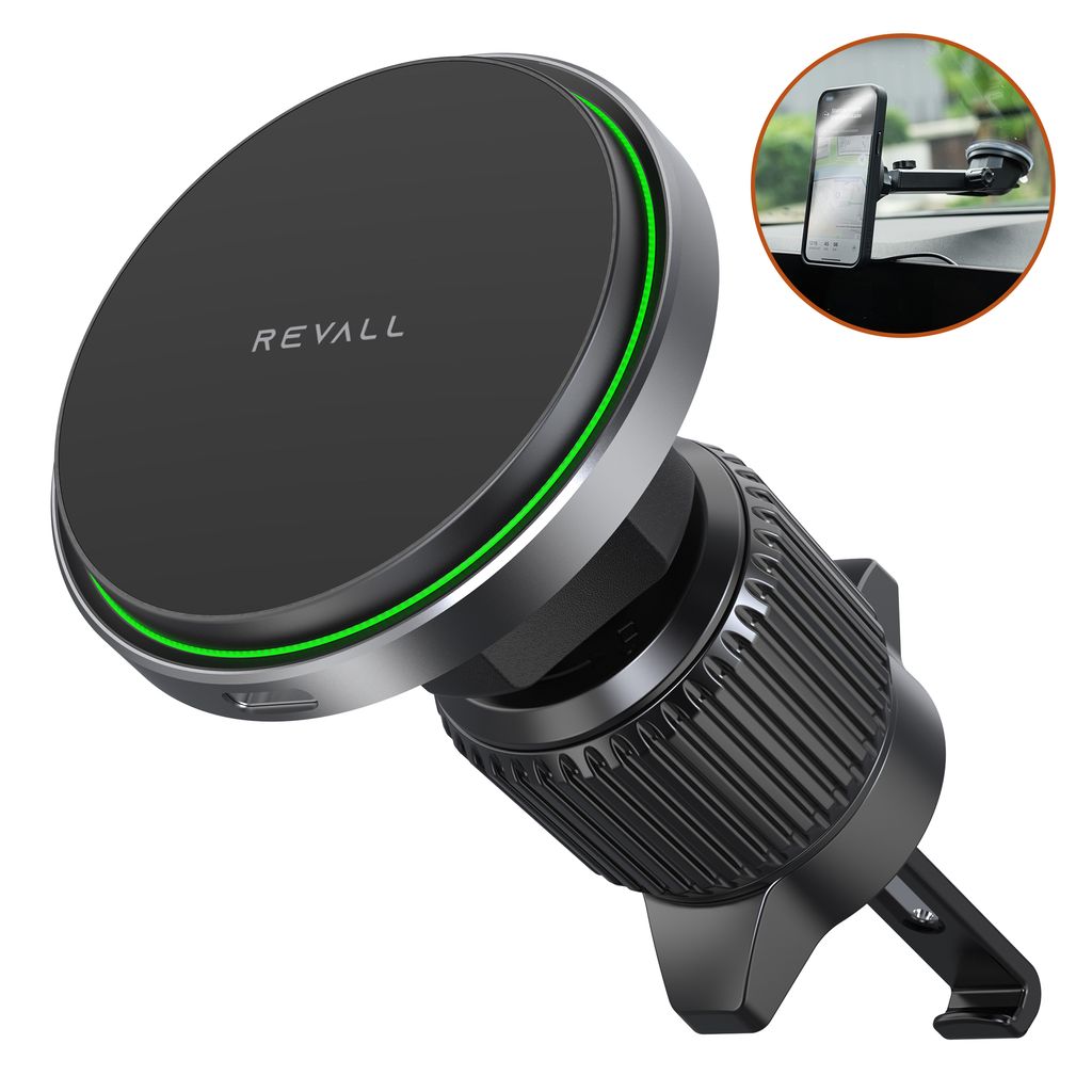 REVALL Smartphone-Halterung KFZ QI Wireless Charger – Kompatibel mit MagSafe - Auto – 15W Kabelloses Ladegerät – Car Mount - Lüftungsgitter