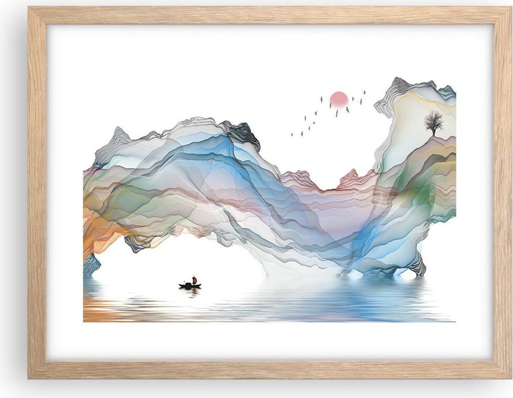 Gerahmtes Poster - Rahmen in heller Eiche - Wellen Berge Fee - 40x30 cm - Wand Bild - Wanddeko - Wandbilder - Kunstposter - Wandposter - Bilderrahm...