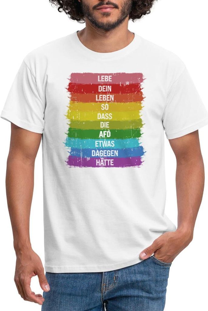 Spreadshirt Lebe So Dass Die AFD Was Dagegen Hätte Regenbogen Statement Männer T-Shirt, S, Weiß