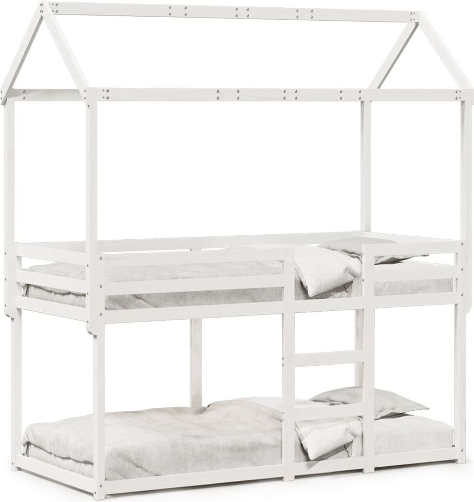 Design Etagenbett mit Dach Weiß 90x200 cm Massivholz Kiefer, Klassische Betten 2024 Neu