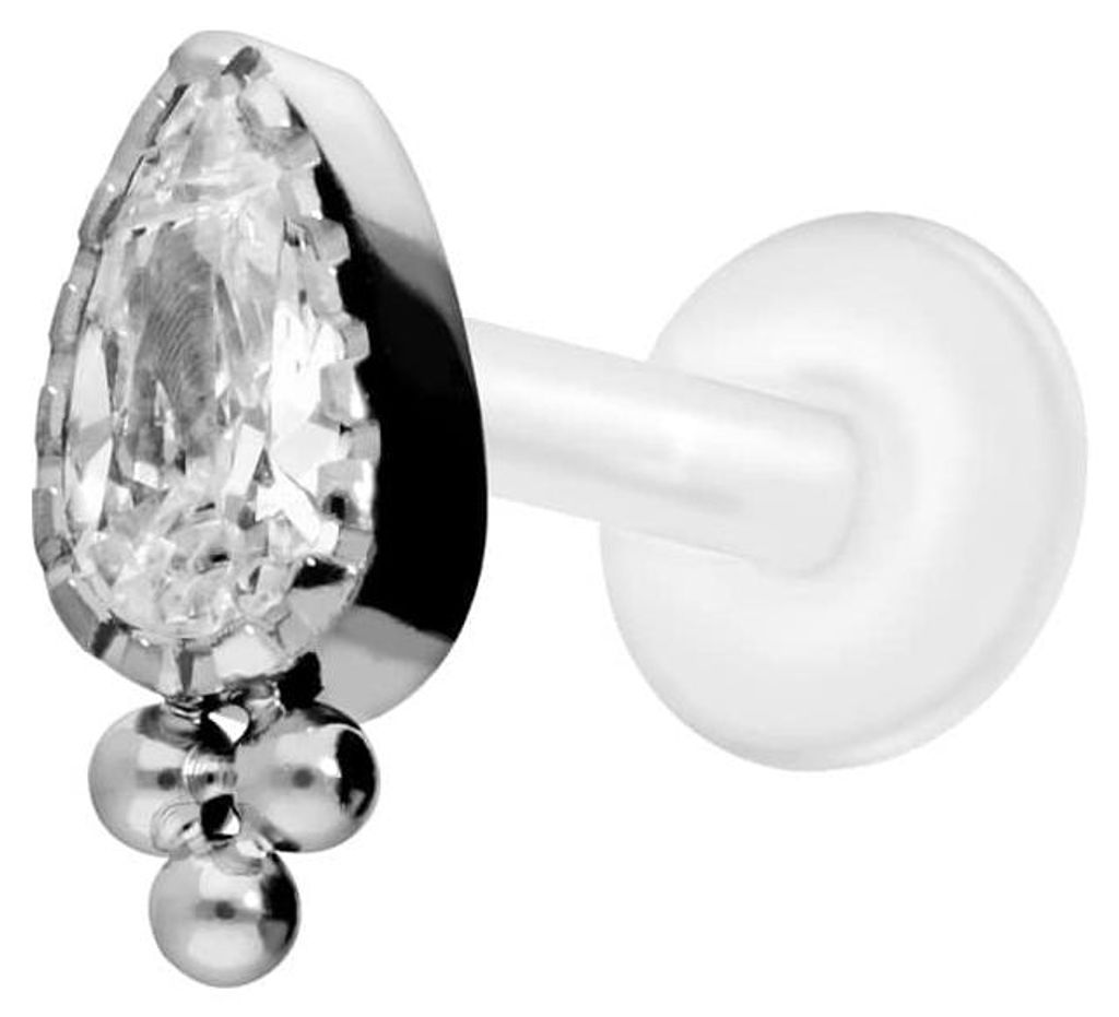 Ohrpiercing, Nasenpiercing PTFE Labret mit Innengewinde + Titan-Aufsatz KRISTALLTROPFEN + KUGELN Silber Stablänge: 6mm | Stabstärke: 1,2mm
