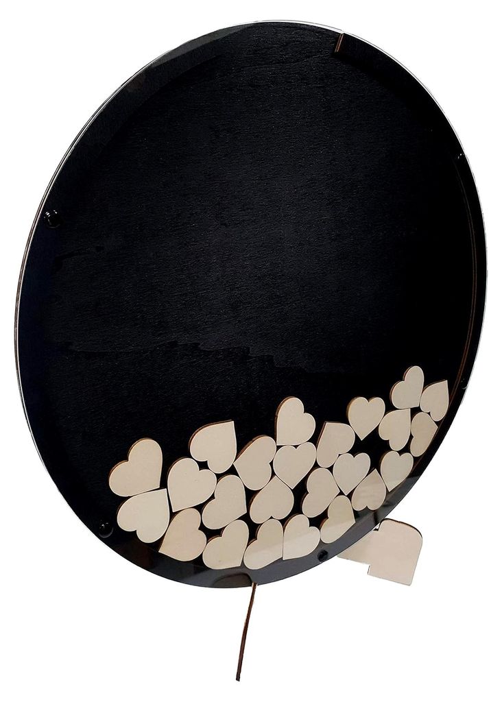 Gästebuch aus Holz und Acrylglas für ca. 80 Holzherzen zur Hochzeit, inkl. Herzen und Aufsteller (Schwarz, Ø 42cm)