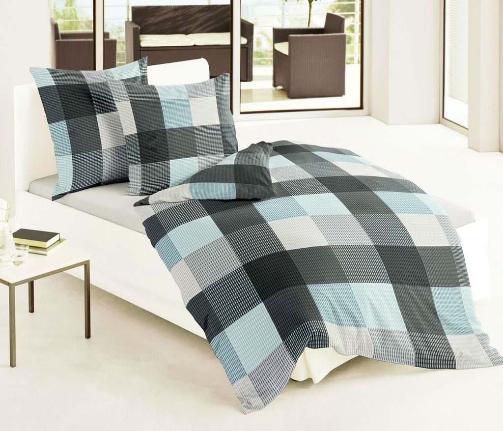 Bierbaum Biber Bettwäsche 135x200cm 2 tlg. Karos Türkis Anthrazit