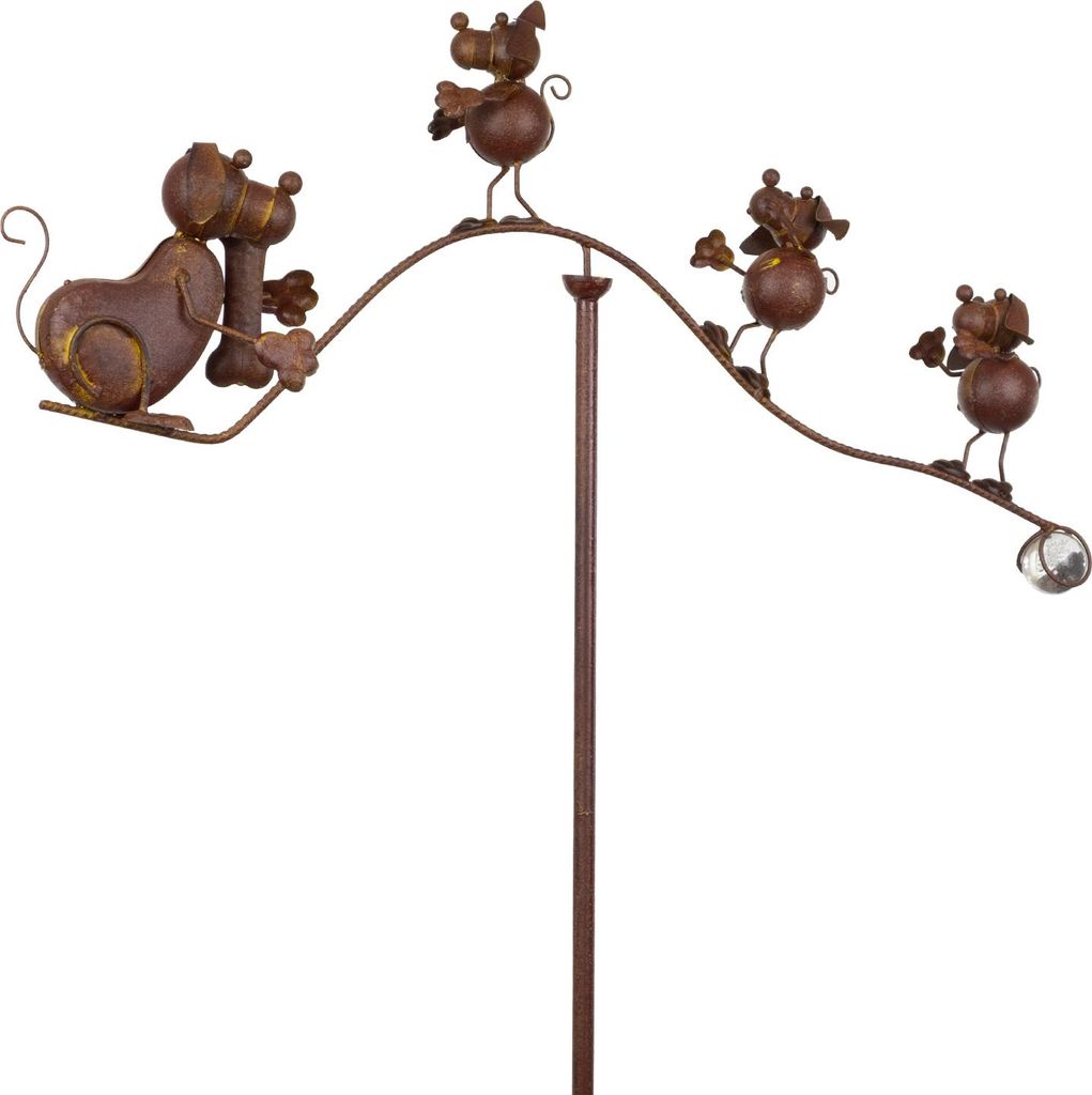 Gartenstecker Hund mit Mäusen Metall 166 cm hoch - Balancierende Tierfiguren für den Garten - Wippende Gartendeko mit Glaskugel - Rostbraun - Wit...