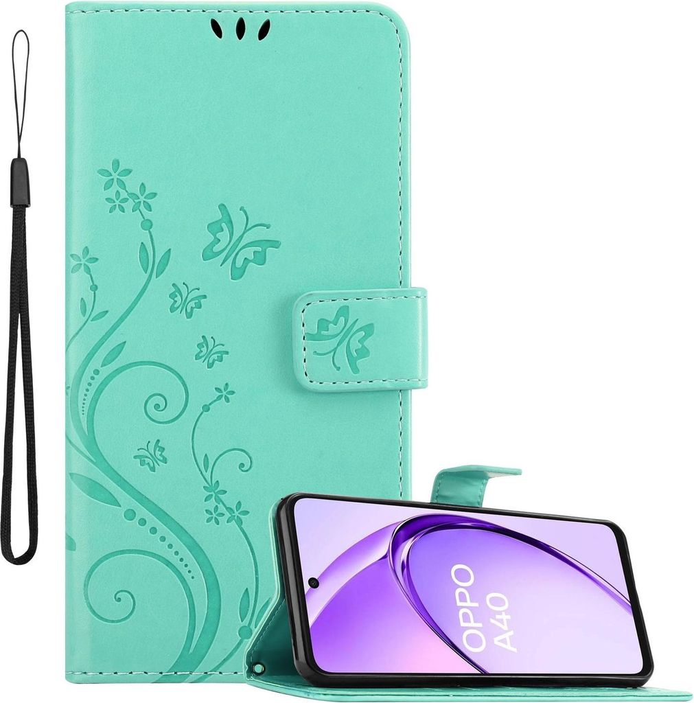 Cadorabo Hülle für Oppo A40 Hülle in FLORAL TÜRKIS Schutzhülle im Blumen Design mit Magnetverschluss, Standfunktion und Kartenfächern Book Ca...