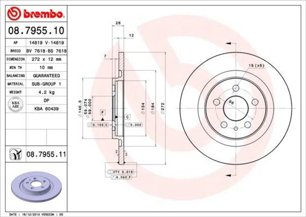Disque de frein BREMBO 08.7955.11 pour Peugeot 807 et Citroën C8 OE 4246P4