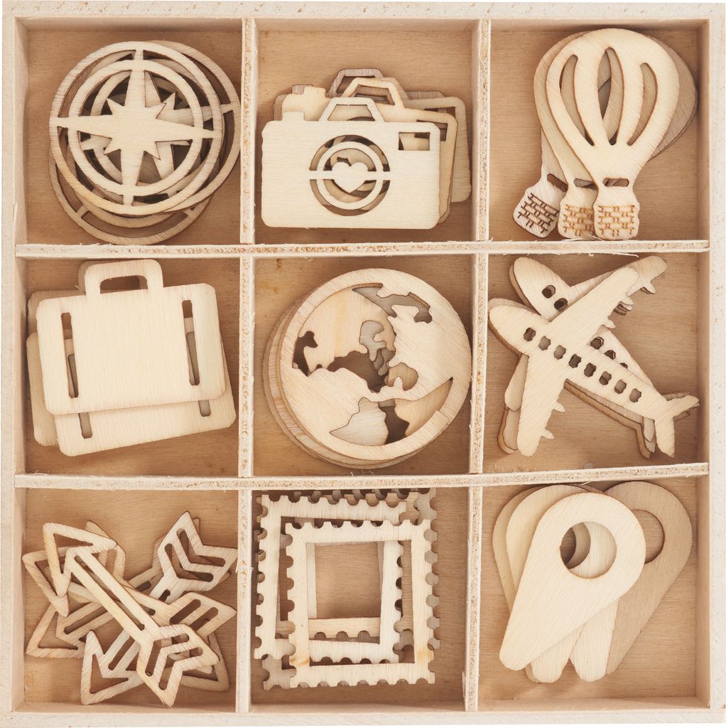 Papermania Holz Streuteile Reise 45 Stück 0.1 cm dick 1.1 bis 3.4 cm groß