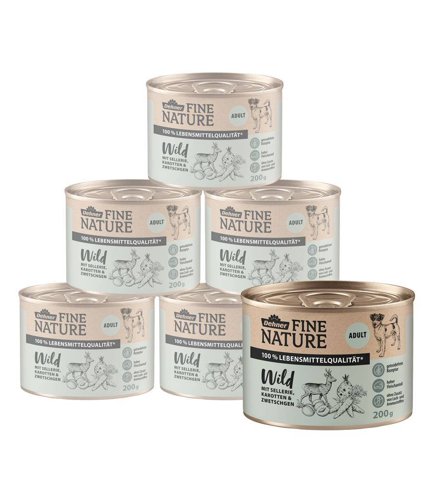 Dehner Fine Nature Hundefutter, Nassfutter in Lebensmittelqualität, für ausgewachsene Hunde, Wild, 6 x 200 g Dose (1.2 kg)
