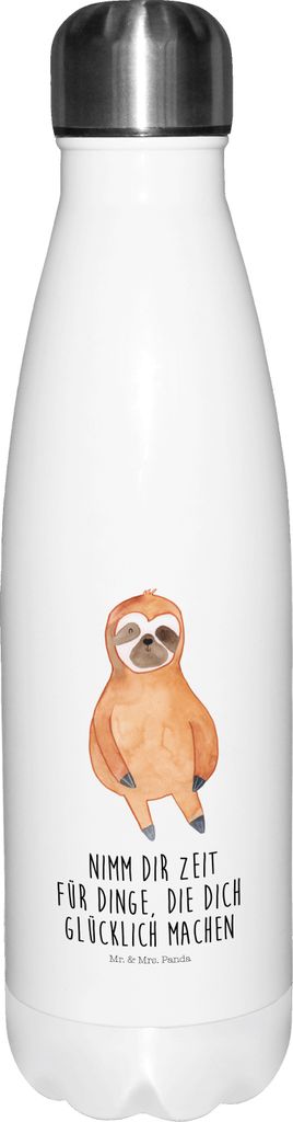 Mr. & Mrs. Panda Trinkflasche Faultier Zufrieden - Weiß - Geschenk, Relaxen, Glück, Wasserflasche, Pause, Sportflasche, Thermos, trinkflaschen, t...