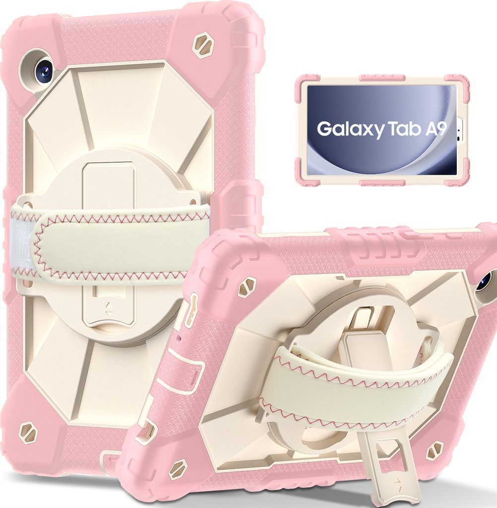 Hülle für Samsung Galaxy Tab A9 2023 8,7 Zoll SM-X110/X115/X117 Tablette Schutzhülle Stoßfeste mit 360 Drehbarer Handschlaufe/Ständer Pink