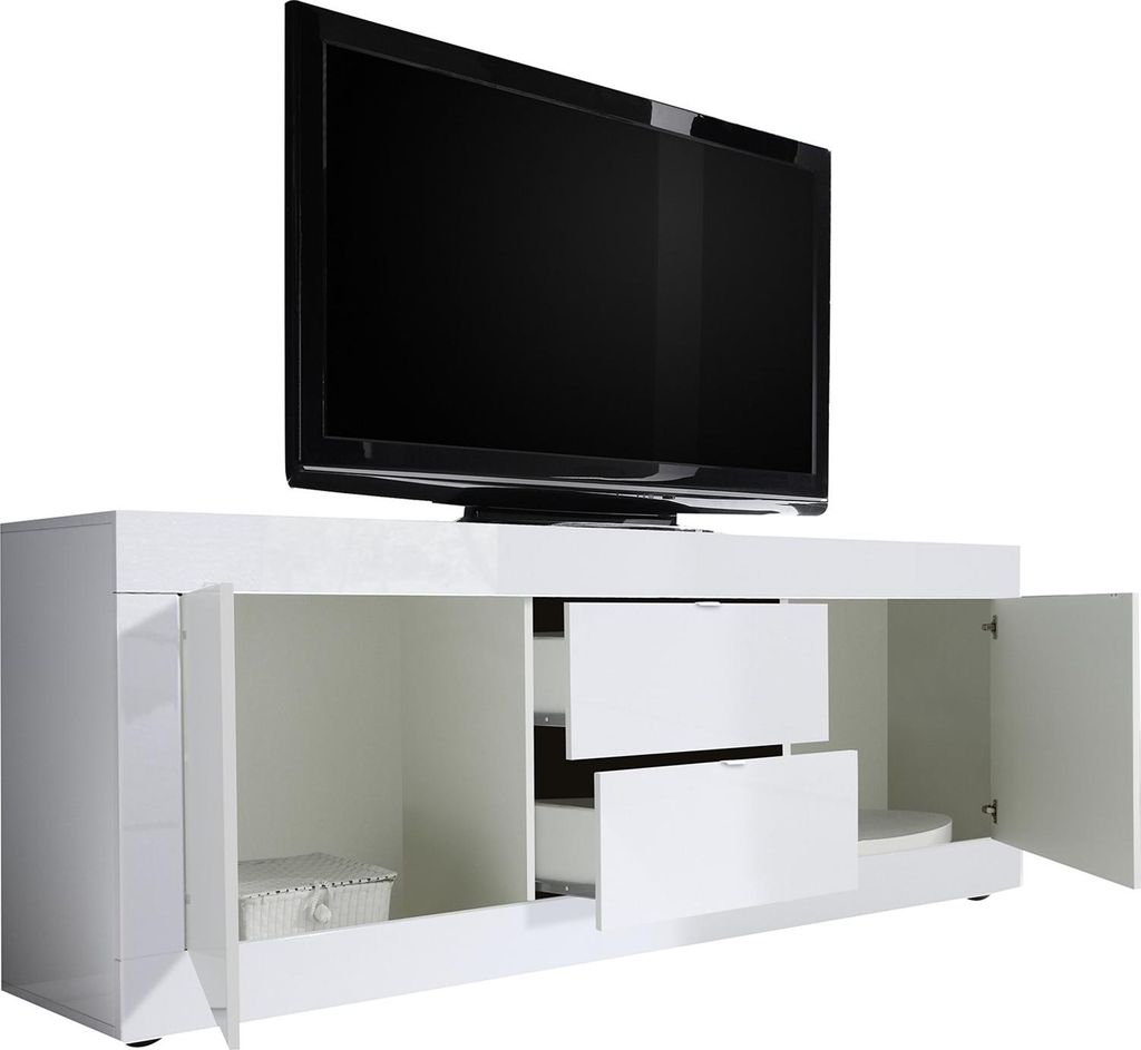 Dmora TV-Möbel Sinello 210x43x65 cm, Hochglanz Weiß, 2 Fächer, Grifföffnung