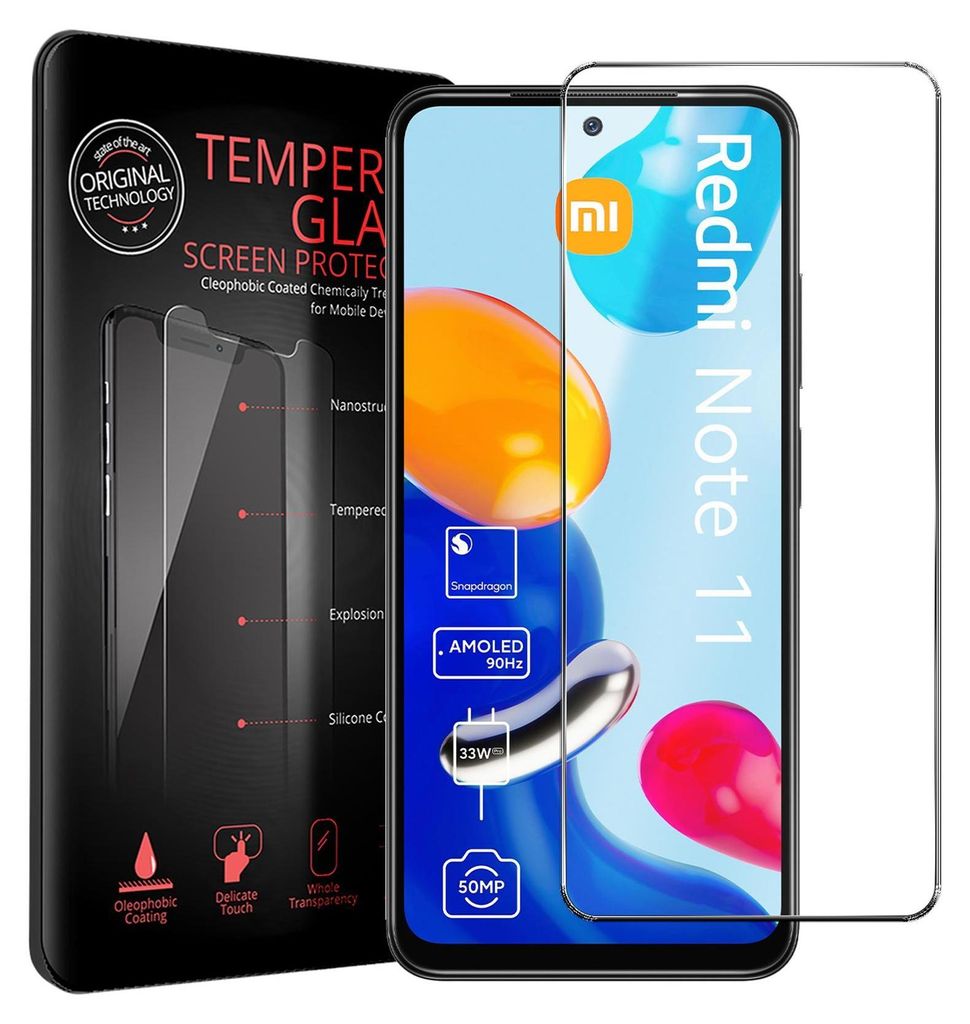 A product shot of a phone screen protector packaging and the screen protector itself.