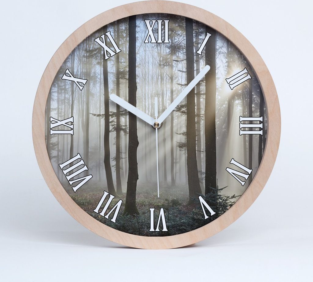 Holzuhr 25fi cm wanduhr - weiße Spitzen - Nebel im Wald