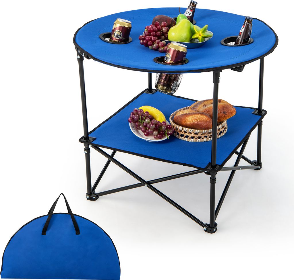 KOMFOTTEU Campingtisch, zusammenklappbar, Picinic-Tisch mit 2 Ebenen aus Oxford-Stoff, tragbarer Tisch mit 4 Becherhaltern, Beistelltisch mit Trage...