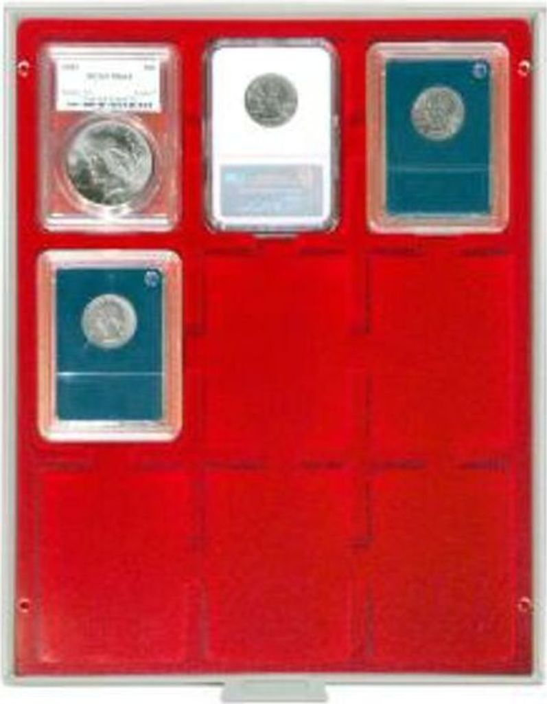Lindner 2219 Münzbox-Grau / rote Einlage für 9 US-Münzkapseln (Slabs)