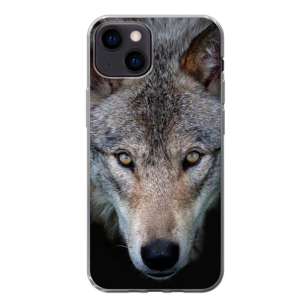 MuchoWow Handyhülle Schutzhülle Hülle für iPhone 13 mini Wolf - Porträt - Schwarz Silikon Softcase Handy Hülle - Softcase