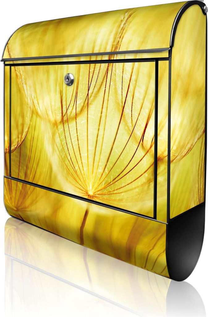 banjado Design Briefkasten Stahl schwarz mit Zeitungsfach pulverbeschichtet "Pusteblumen Gold" 38x46x12,5cm & 2 Schlüssel - Postkasten A4 Einwurf ...