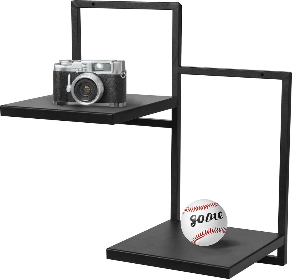 A black metal shelf unit with a camera on the top shelf and a baseball on the bottom shelf.