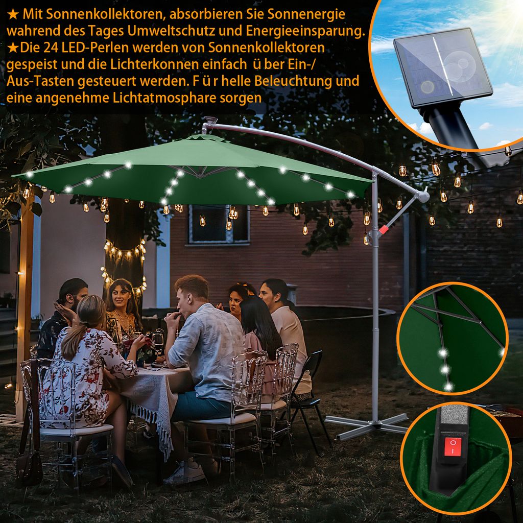 Freiarmschirm 'Sun 3 Luxe' Mit LED-Licht – 3x3 M, Grau, Aluminium, Wasserabweisend