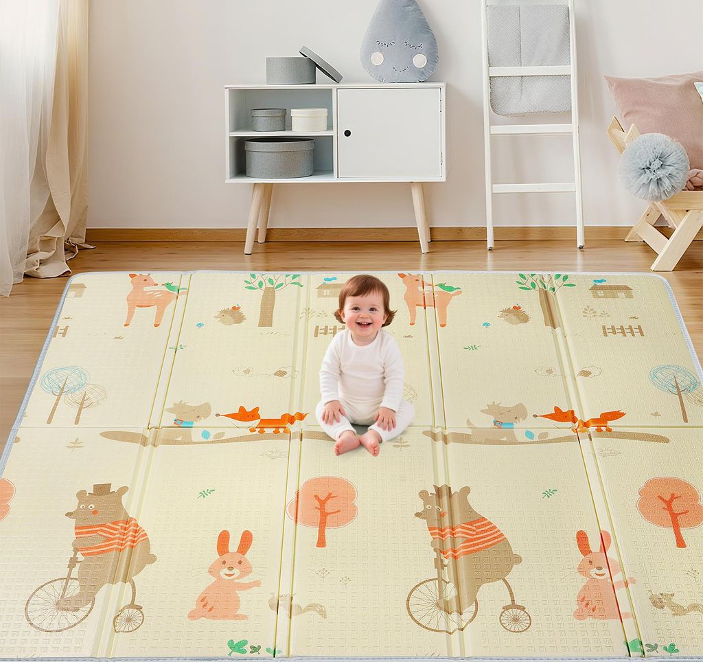 Krabbelmatte Baby 180x200 XXL Faltbare Spielmatte 1,5cm Dick, Wasserdichte Rutschfeste Baby Matte mit Tragetasche, Doppelseitige Design - Kleine Tiere