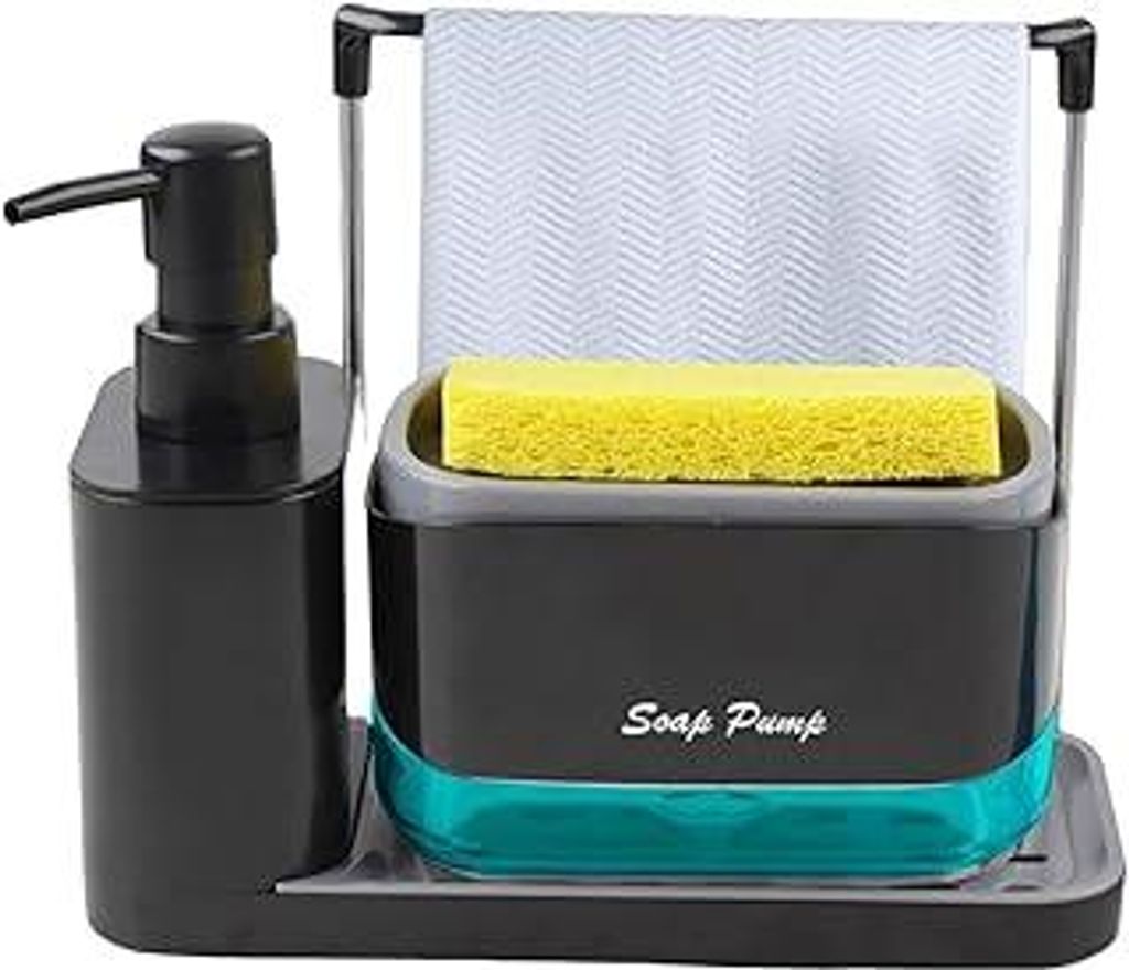 Küchenseifenspender Set – Seifenspender mit Pumpe, rutschfeste Ablage, Schwammhalter & Tuchhalter, Spülmittelspender für Küche & Handseife