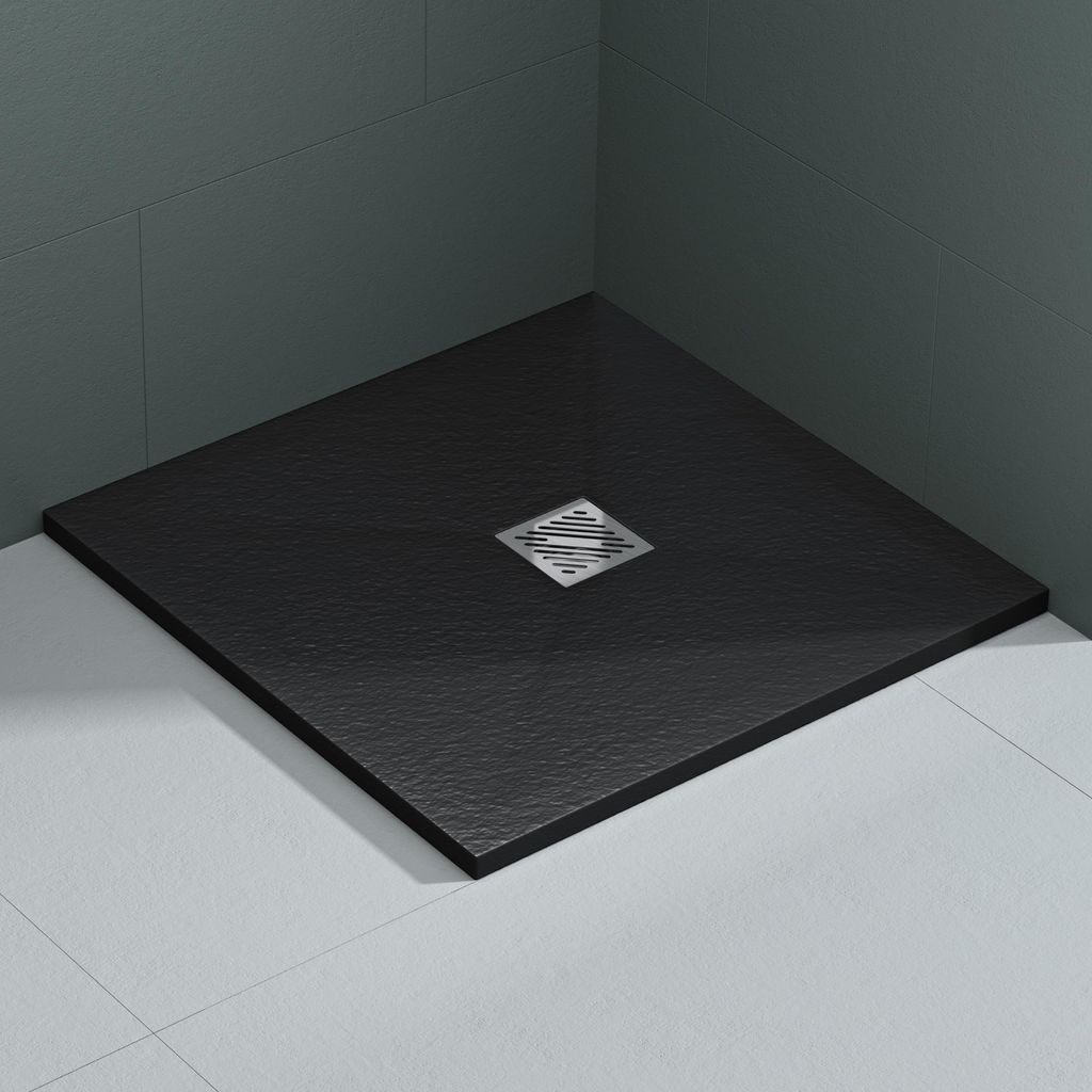 Mai & Mai Duschwanne 80x80x3cm Duschtasse aus Mineralguss Mineralgusswan inkl. Ablaufgarnitur06 Anthrazit Rechteckig DIN-Anschlüsse Geoma09