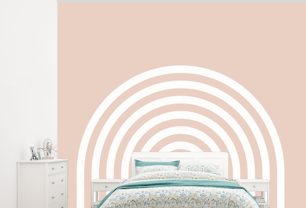 MuchoWow Fototapete für Wohnzimmer oder Schlafzimmer Wandtapete Vinyl Motivtapete Abstrakt - Kunst - Regenbogen - Weiß - Rosa - 300x240 cm - Fo...