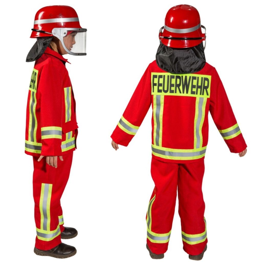 Kostüm Feuerwehr Verkleidung mit Jacke, Helm und Zubehör rot