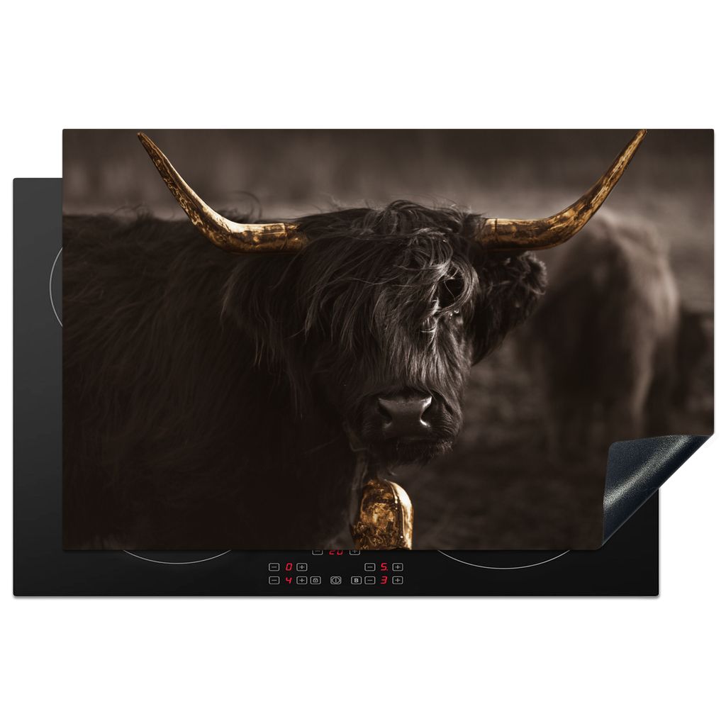 KitchenYeah Herdabdeckplatte Schottischer Highlander - Gold - Kuhglocke - Hörner - Tiere , 80x52cm, Küche Deko, Glaskeramikkochfeld Herdabdecku...