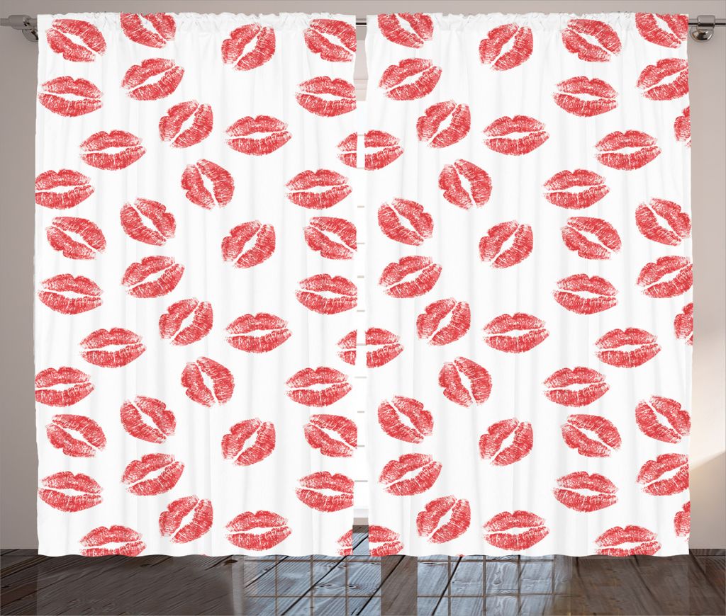 ABAKUHAUS Feminin Rustikaler Gardine, Red Lippenstifte Kuss Marks, Schlafzimmer Kräuselband Vorhang mit Schlaufen und Haken, 280 x 245 cm, Weiß Rot