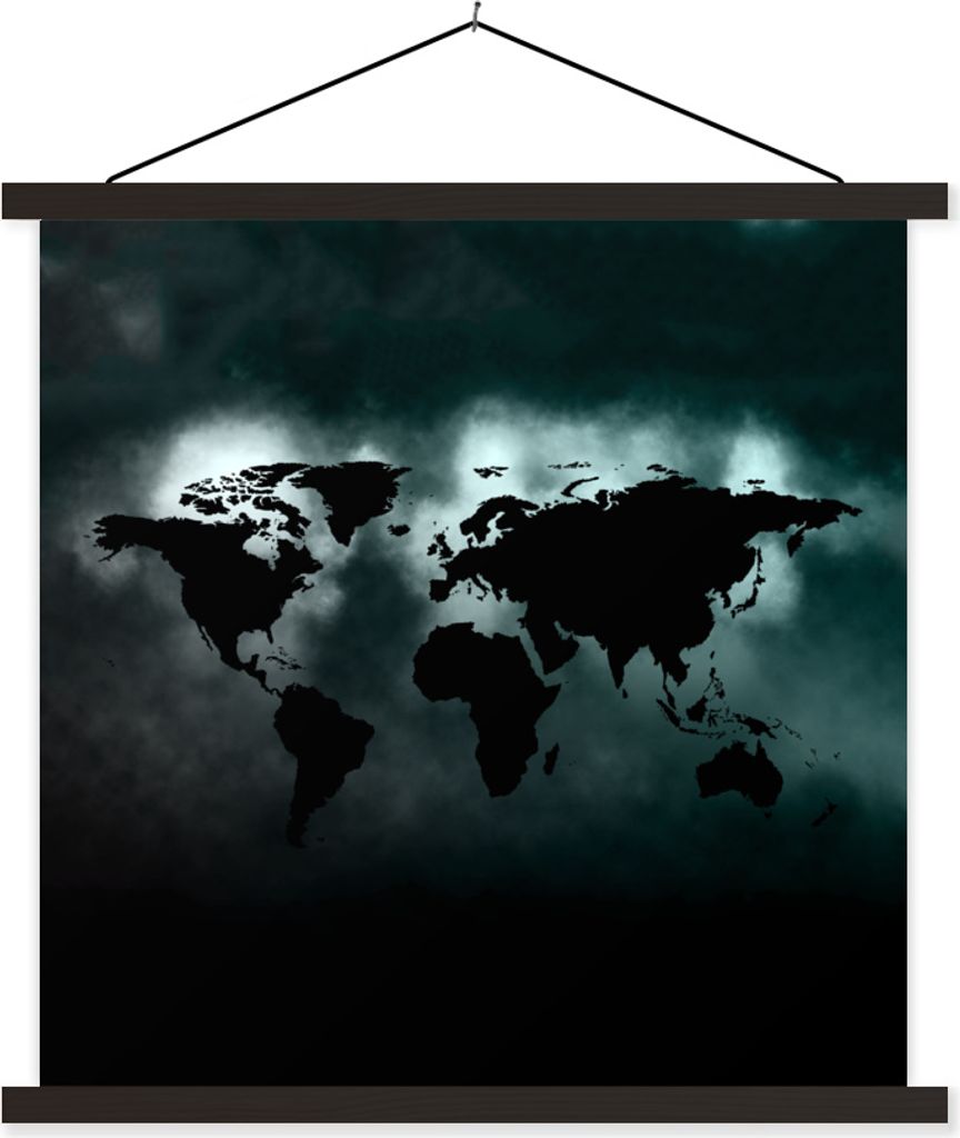 MuchoWow Textilposter Weltkarte - Schwarz - Hell 120x120 cm mit schwarzem Rahmen - Aufhängungsset