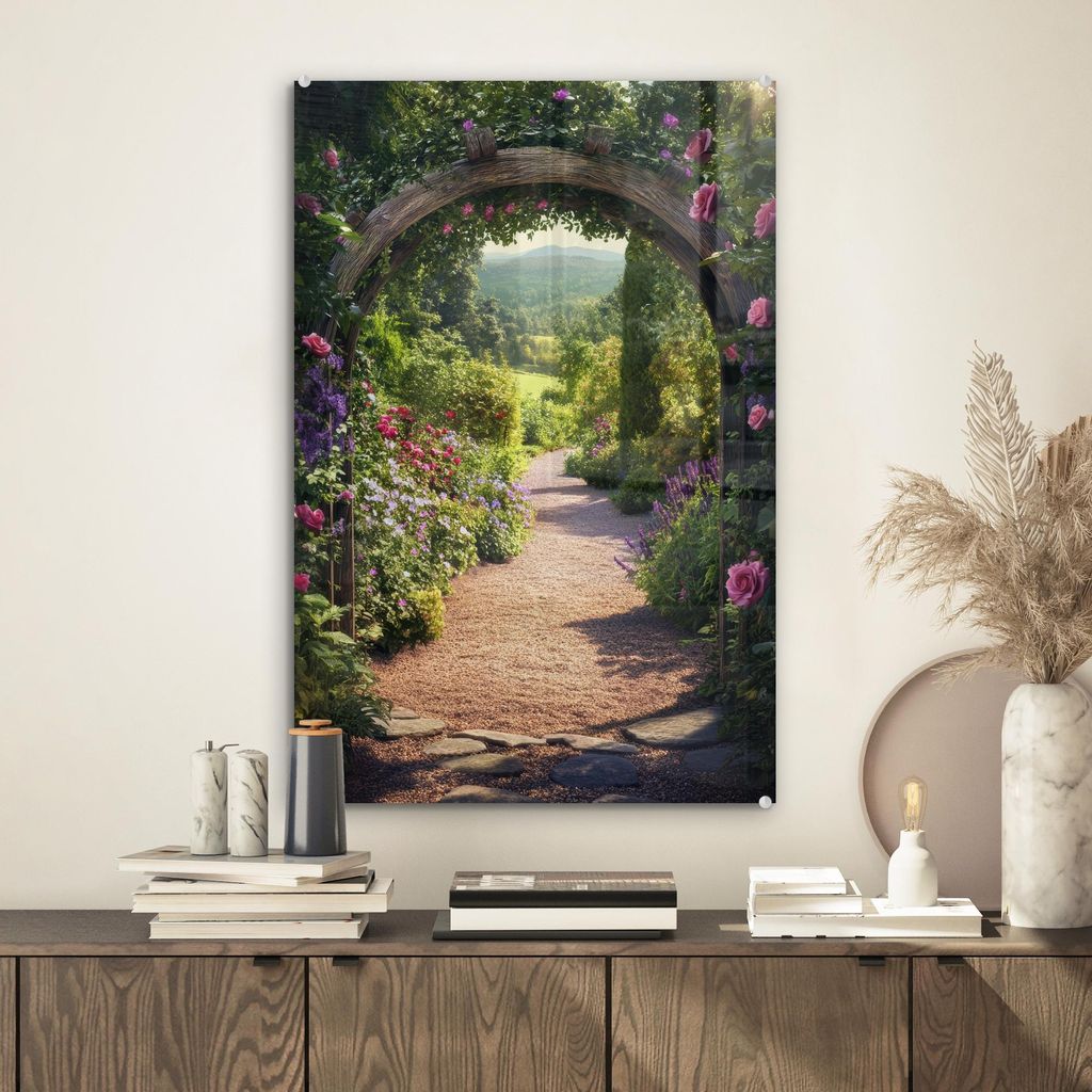 MuchoWow Glasbilder - Bilder auf Wandbild - Foto auf Glas Durchsichtig - Blumen - Natur - Rosenbogen 40x60 cm Wanddekoration aus Glas - Acrylglasbi...