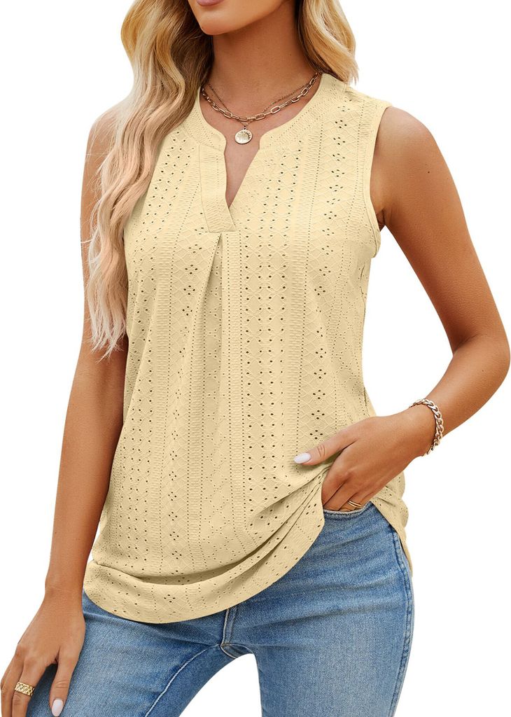 ASKSA Damen T-Shirt V-Ausschnitt ärmelloses Top Sommer Slim Oberteile Bluse, Gelb, XXL