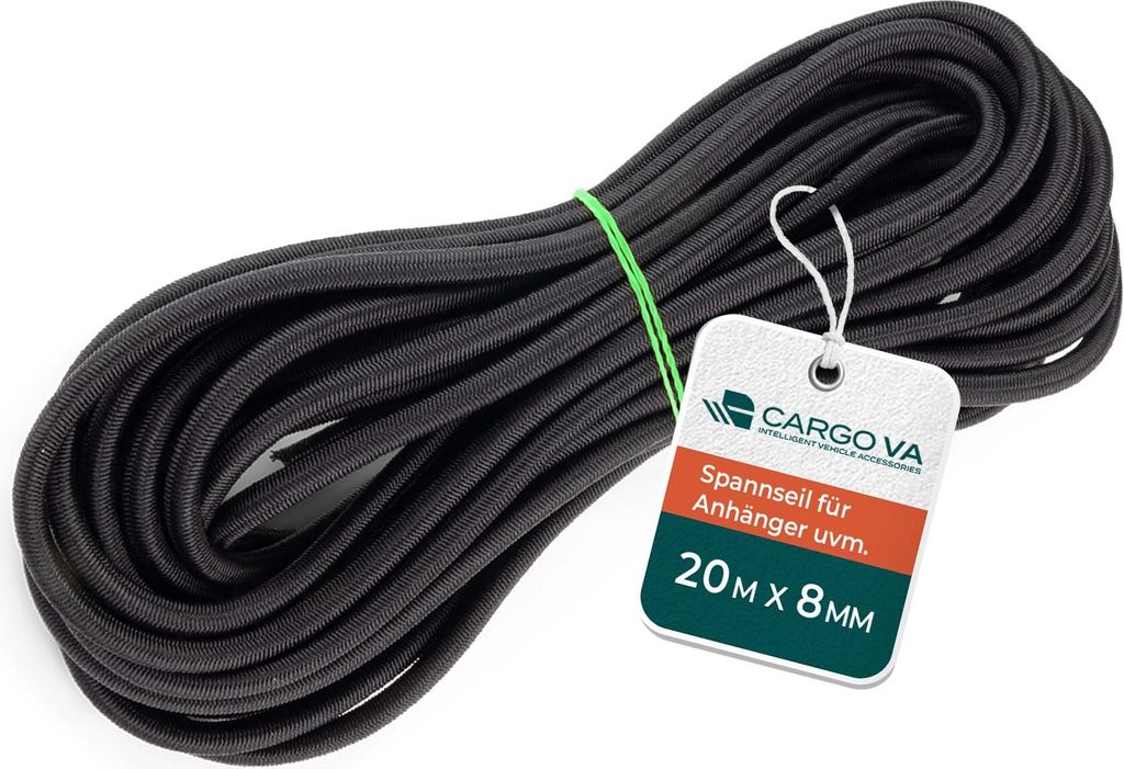 CargoVA Gummiseil 8mm 20m schwarz - Expanderseil 80% Dehnung - Wetterfestes Spannseil für Anhänger, Sonnensegel, Planen uvm