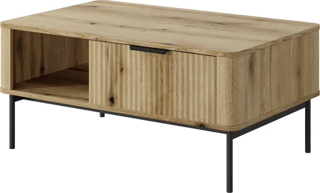 Table basse chêne 2 tiroirs et pieds noirs - Double espace stockage