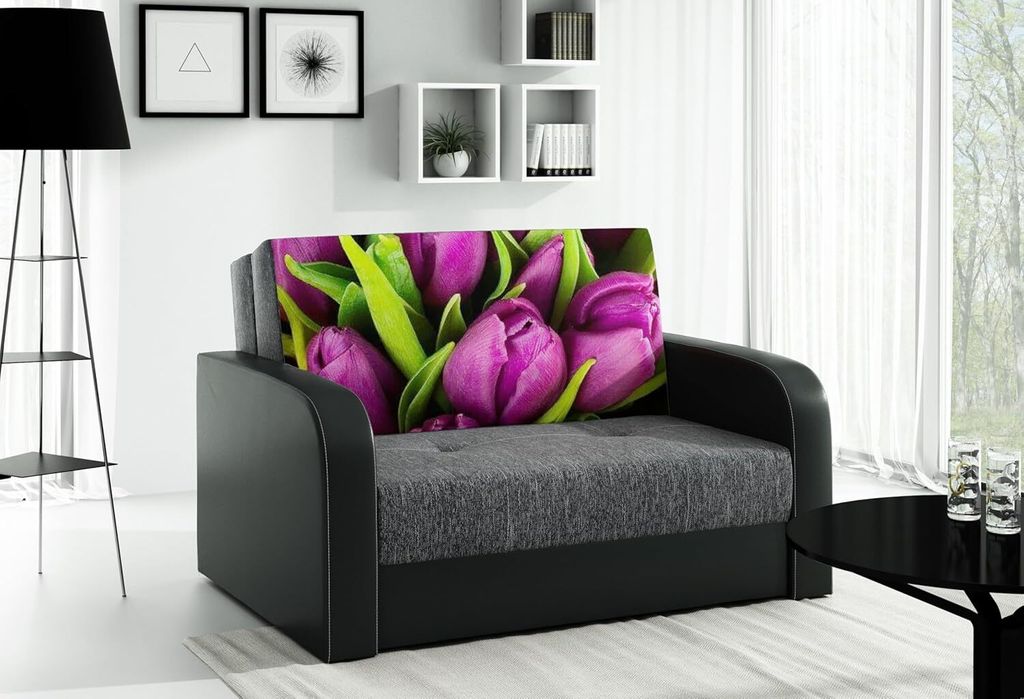 LIKMA Ausziehbar 2 Sitzer Sofa Togo FOTO Schwarz + Schwarz Kunstleder 135x90x100 cm Schlaffunktion Bettzeugbehälter