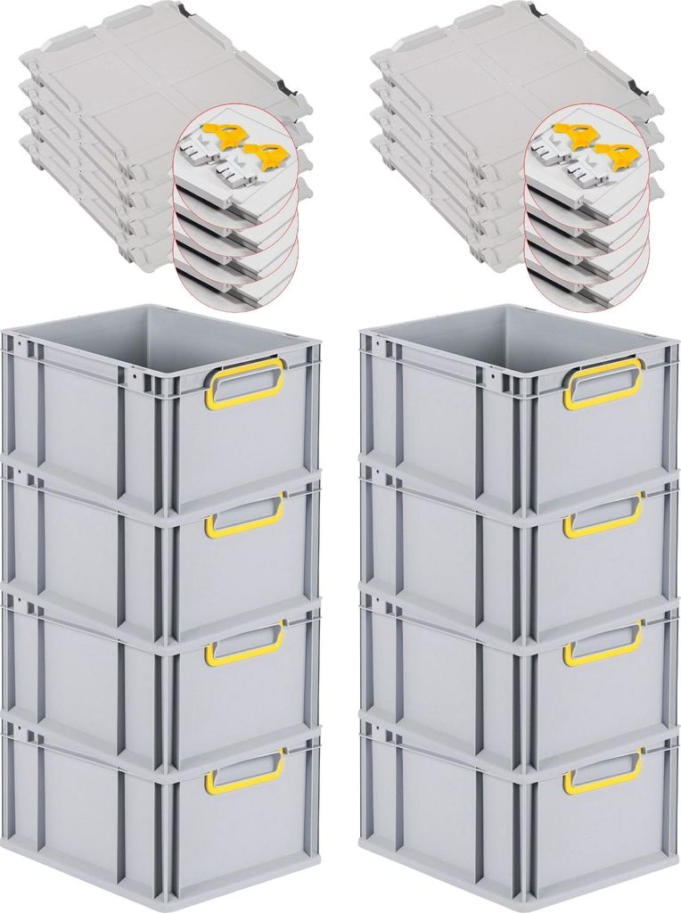 SuperSparSet 8x Eurobox NextGen Color mit Scharnierdeckel und Schiebeschnappverschlüssen | HxBxT 22x30x40cm | 20 Liter | Griffe gelb geschlossen |...