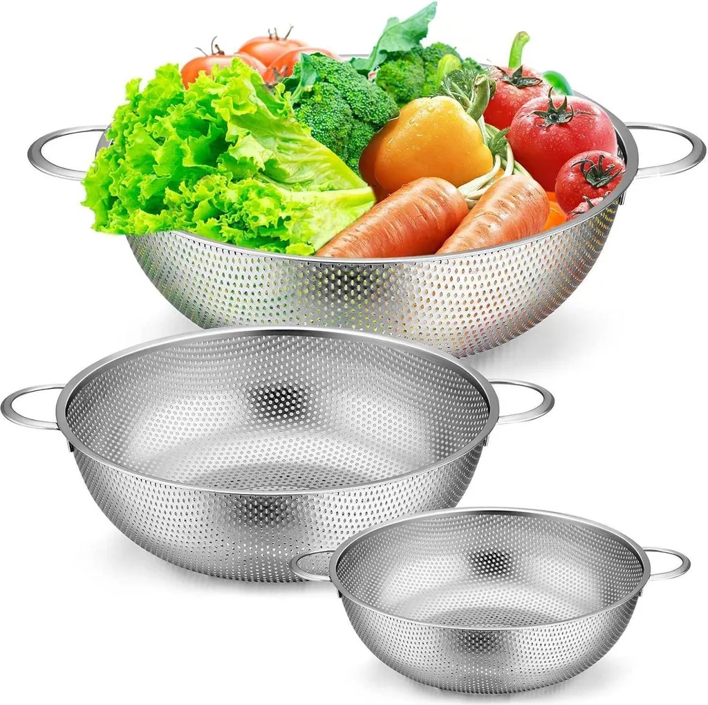 Scolapasta in acciaio inox con ciotola di miscelazione in plastica, 4 in 1 con ciotola per pasta a doppio strato, set V, colino per riso