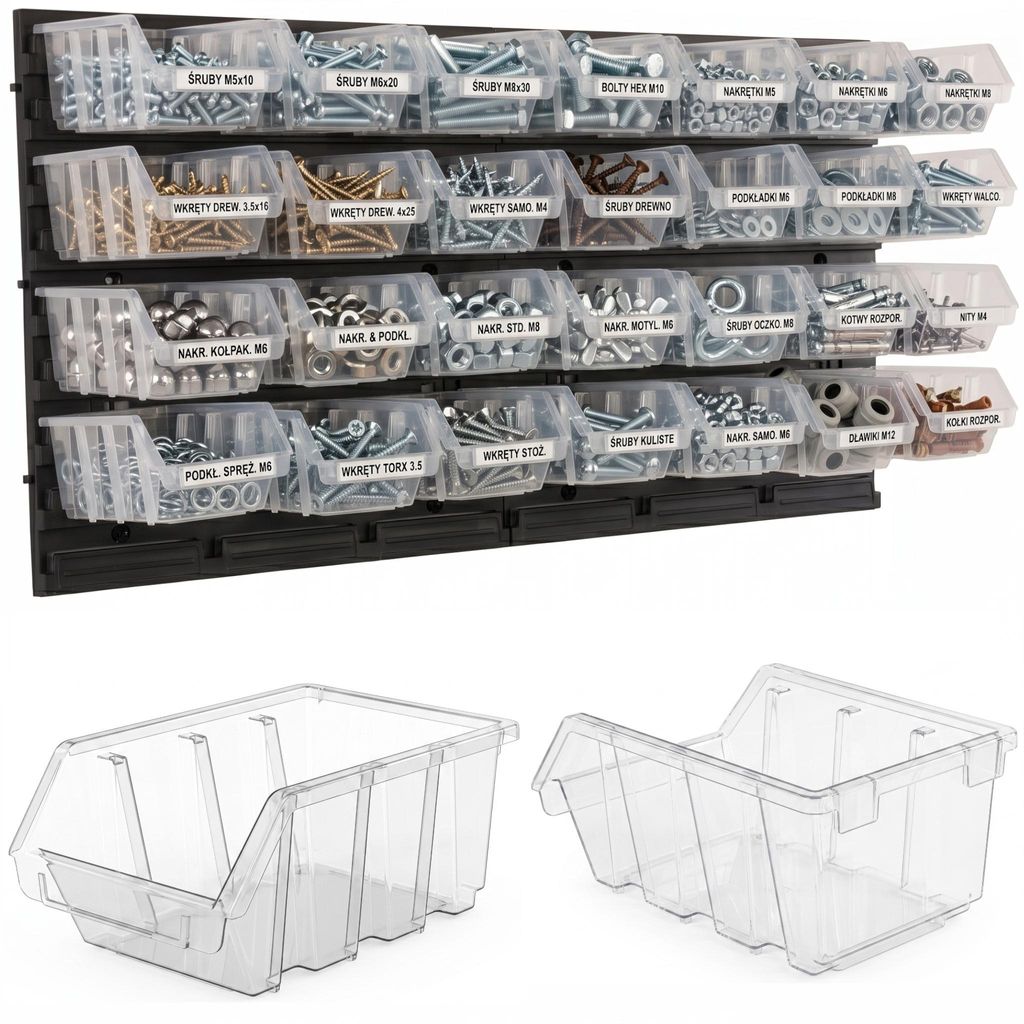 Nástěnná police do dílny s 28 průhlednými úložnými boxy, Obrázek produktu 