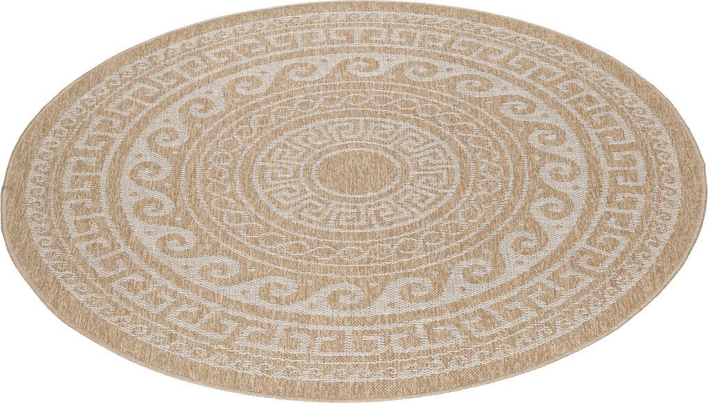 Outdoor Teppich Wetterfest 160x160 Rund Beige für Camping Garten oder innen Vintage Design aus Polypropylen