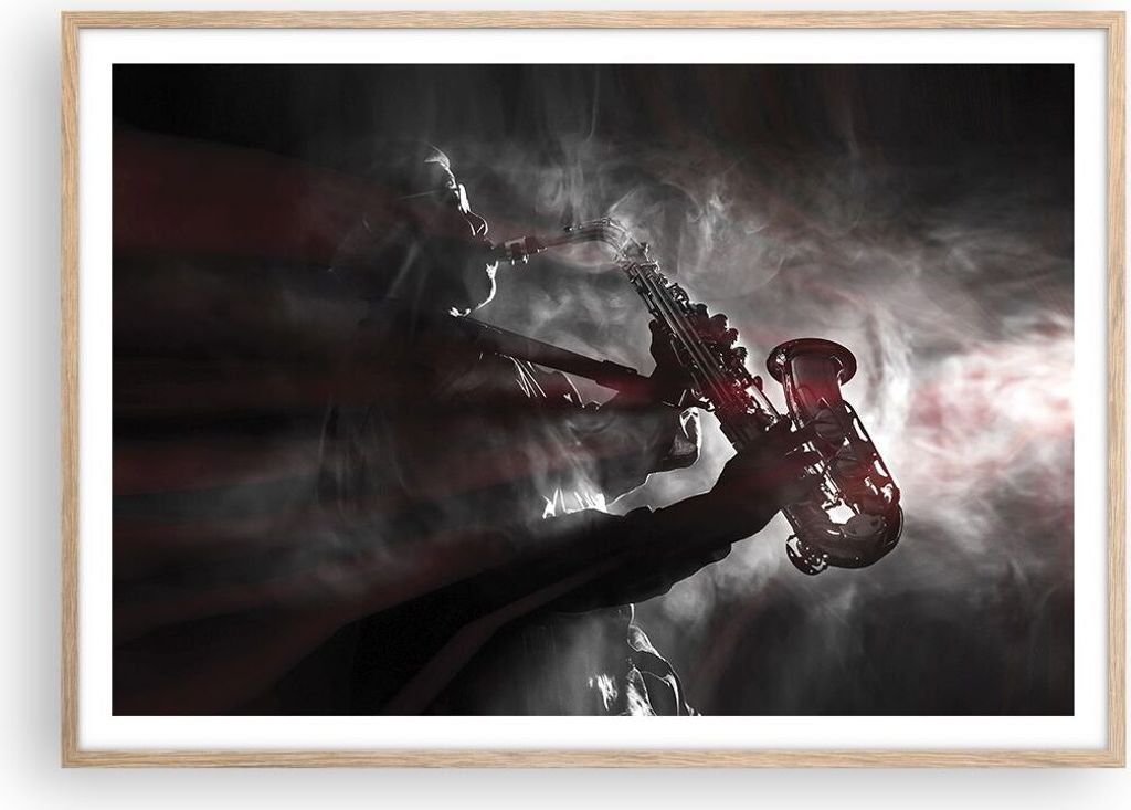 Gerahmtes Poster - Rahmen in heller Eiche - Musiker Saxophonist Schwarz - 100x70 cm - Wand Bild - Wanddeko - Wandbilder - Wandposter - Bilderrahmen...