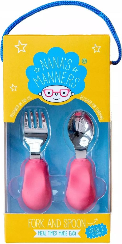 The product is a set of children's cutlery (fork and spoon) in its original packaging.
