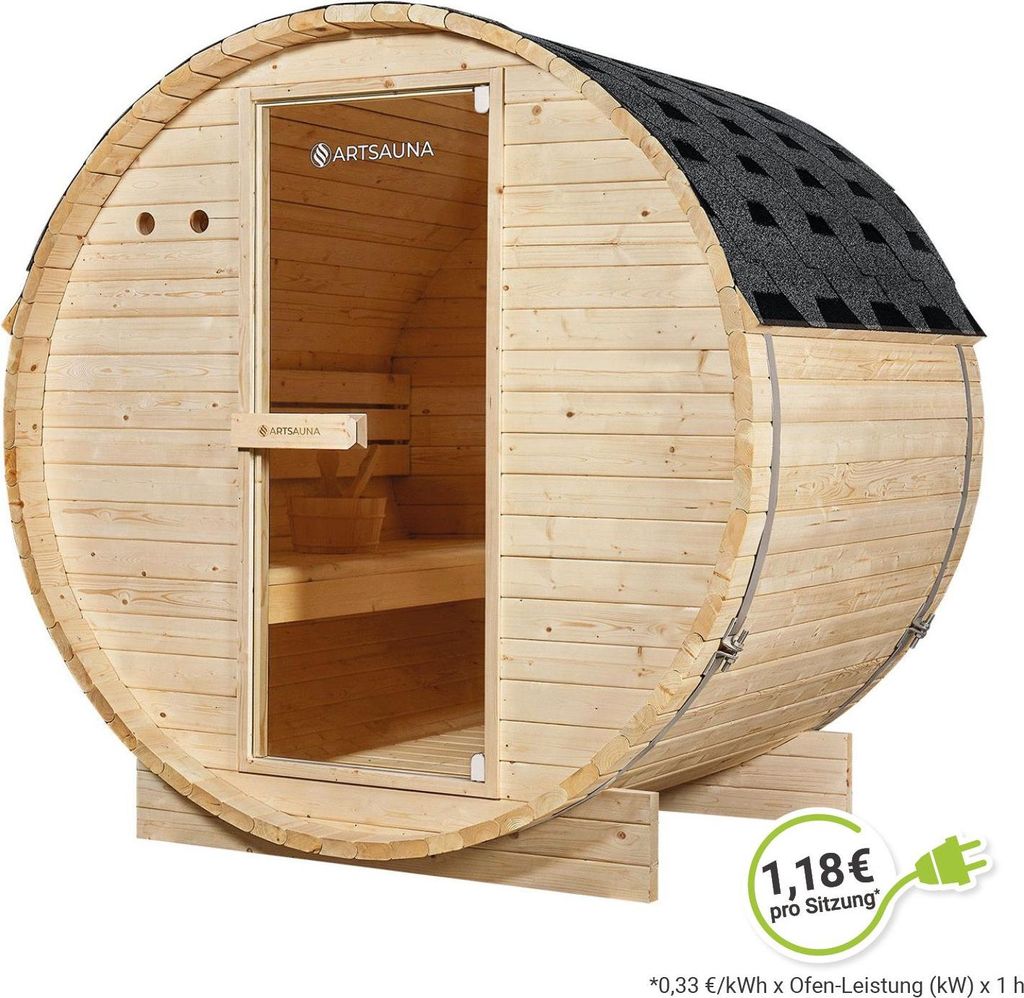 Artsauna Outdoor Fasssauna Spitzbergen 120 für 2 Personen - 3,6 kW Ofen & Zubehör