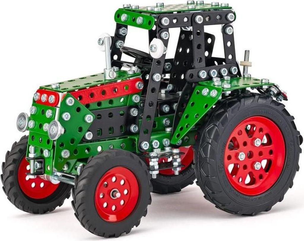 A detailed model of a green and red tractor made from construction toy parts, shown against a white background.