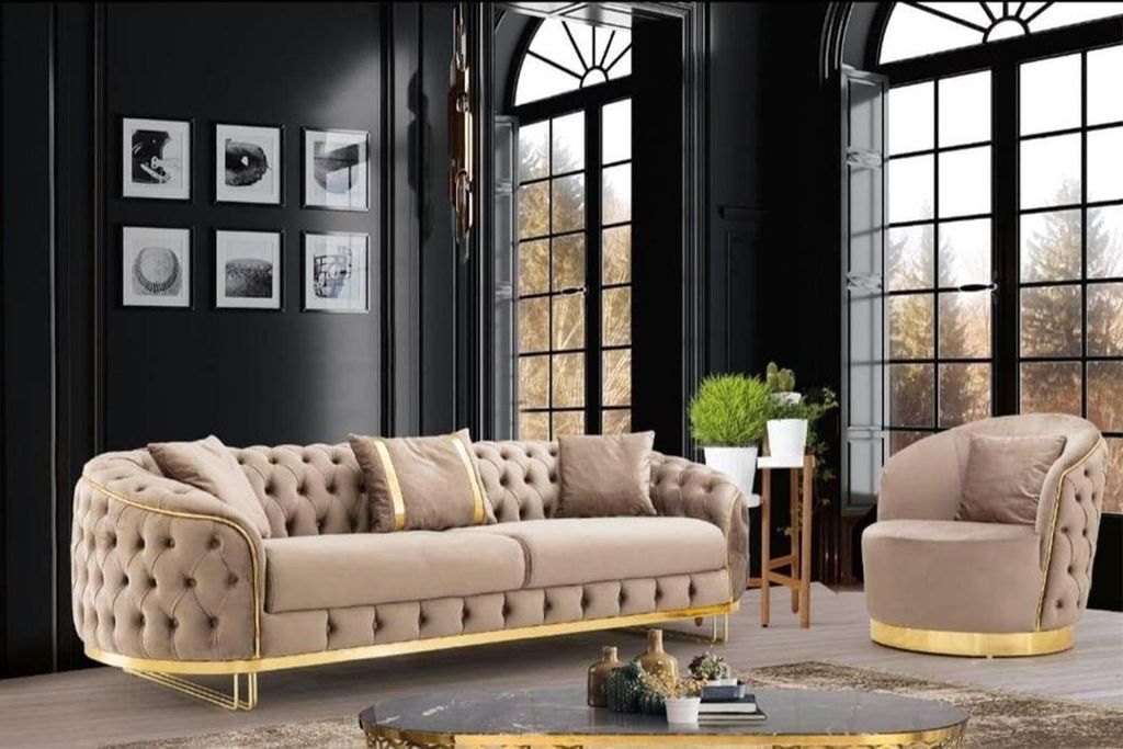 Designer Wohnzimmer Set 3-Sitzer Sofa und Sessel Beige Farbe 2tlg. JVmoebel