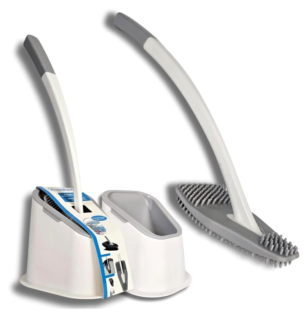 Silikon Toilettenbürste weiß im 2er-Set – WC Bürstengarnitur mit Halter und Abtropffunktion – 360° flexible Noppen für die Randreinigung u...